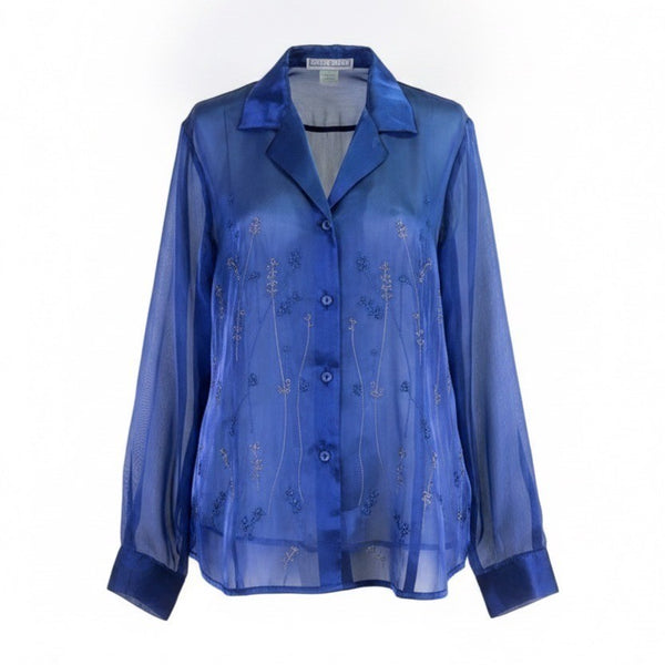 Dress Barn Womens Blue Sheer Embroidered Button-Front Long-Sleeve Blouse Size L
