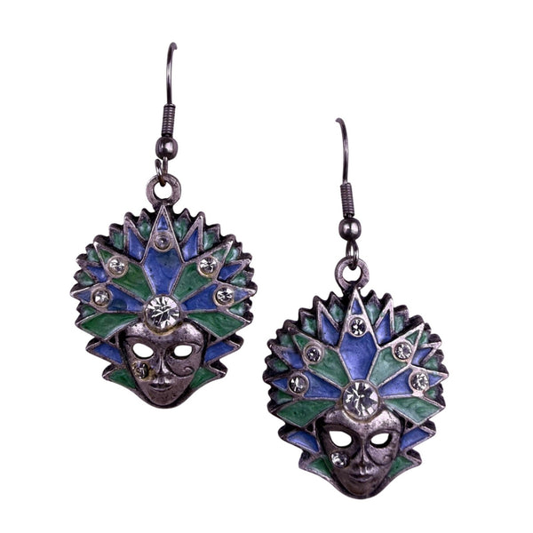 Handcrafted Womens Silver Tone Blue Green Crystal Mask Dangle Earrings