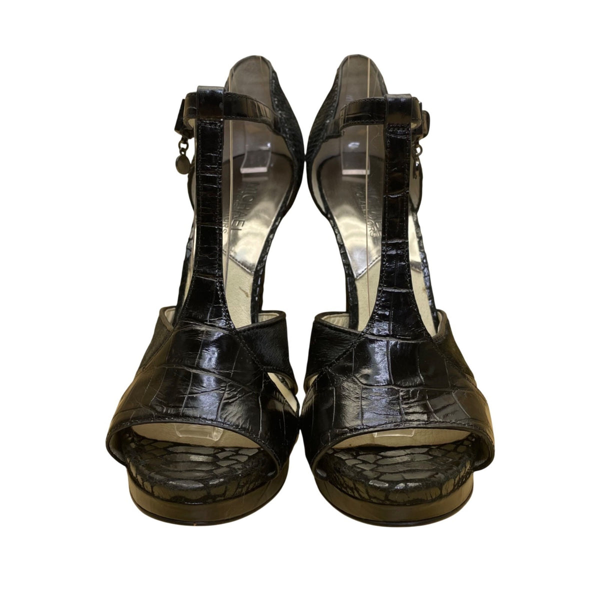 Michael Kors Women’s Black Leather T-Strap High Heel Platform Sandals Size 7.5M