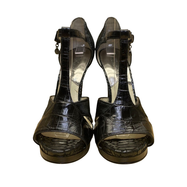 Michael Kors Women’s Black Leather T-Strap High Heel Platform Sandals Size 7.5M