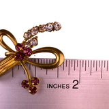 Vintage 1940 Gold Tone Bow Brooch Modernist Design With Rhinestones & Red Stones