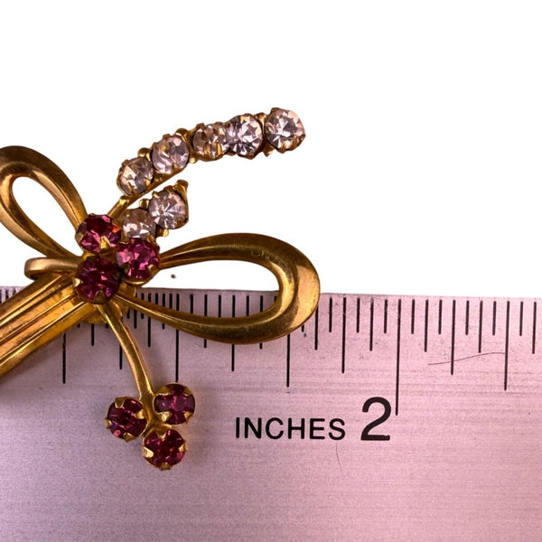 Vintage 1940 Gold Tone Bow Brooch Modernist Design With Rhinestones & Red Stones