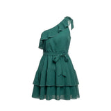Showpo Womens Green One-Shoulder Tiered Mini Dress Ruffled & Belted Size 12