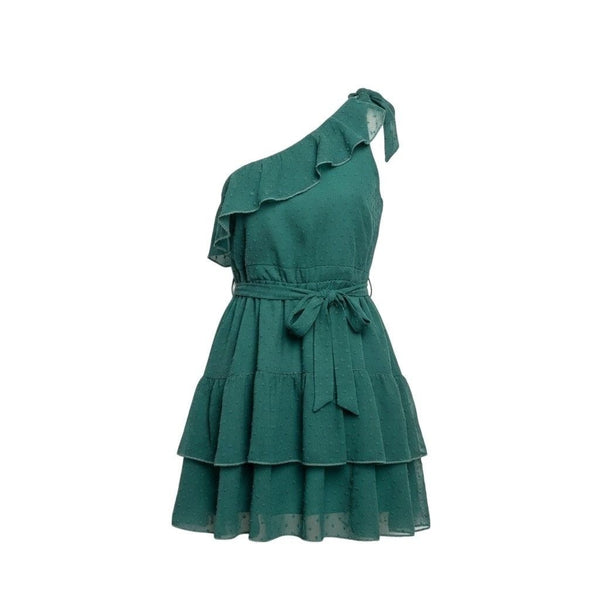 Showpo Womens Green One-Shoulder Tiered Mini Dress Ruffled & Belted Size 12