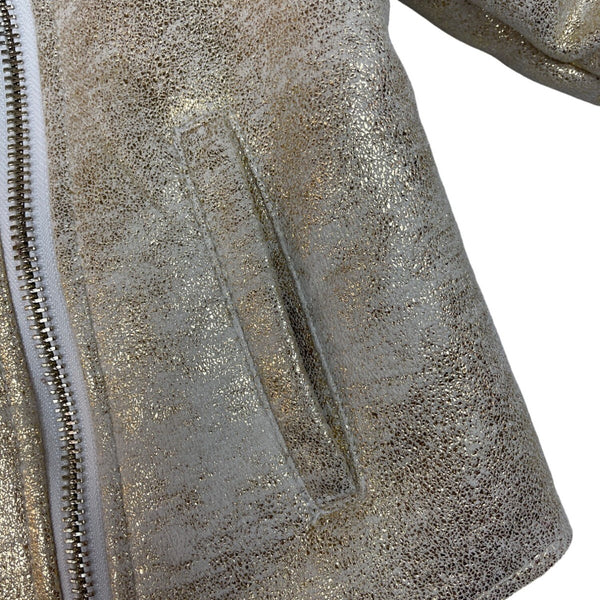 Billieblush Girls Gold Shearling Biker Jacket With Asymmetrical Zip Closure