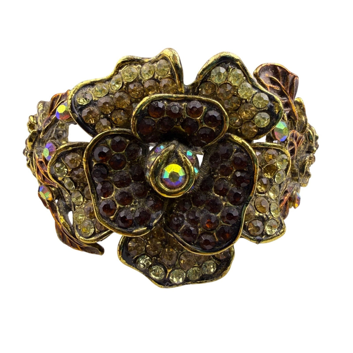Antique-Style Gold Tone Rhinestone Hinged Floral Bracelet Gold & Brown Colors