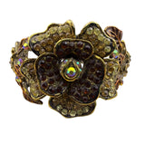 Antique-Style Gold Tone Rhinestone Hinged Floral Bracelet Gold & Brown Colors