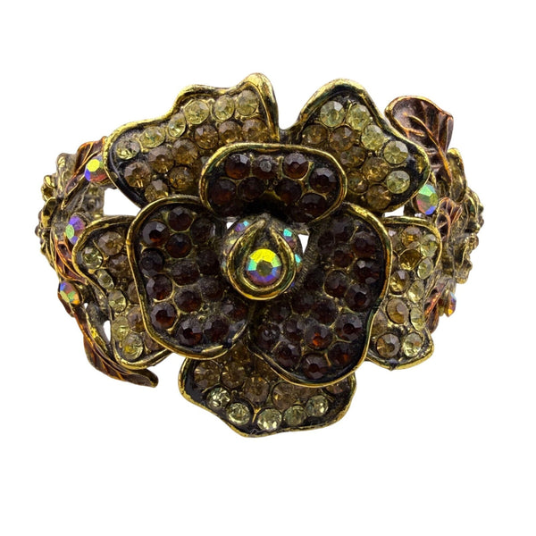 Antique-Style Gold Tone Rhinestone Hinged Floral Bracelet Gold & Brown Colors
