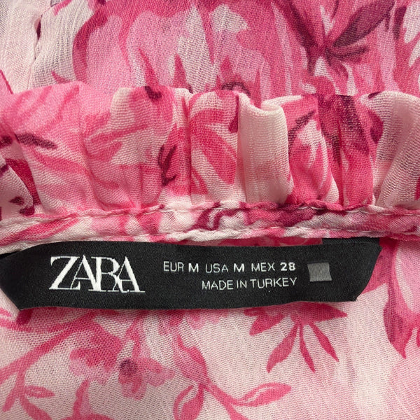 Zara Womens Pink Floral Sheer Blouse Long Sleeve Button Front Ruffled Collar Siz