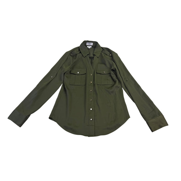 Express Womens Olive Green Portofino Slim-Fit Button-Up Blouse Long Sleeve Sz S