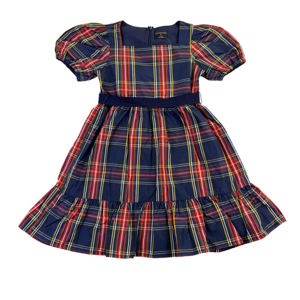 Crewcuts Girls Navy Multicolor Plaid Polyester Puff Sleeve Party Dress Size 7
