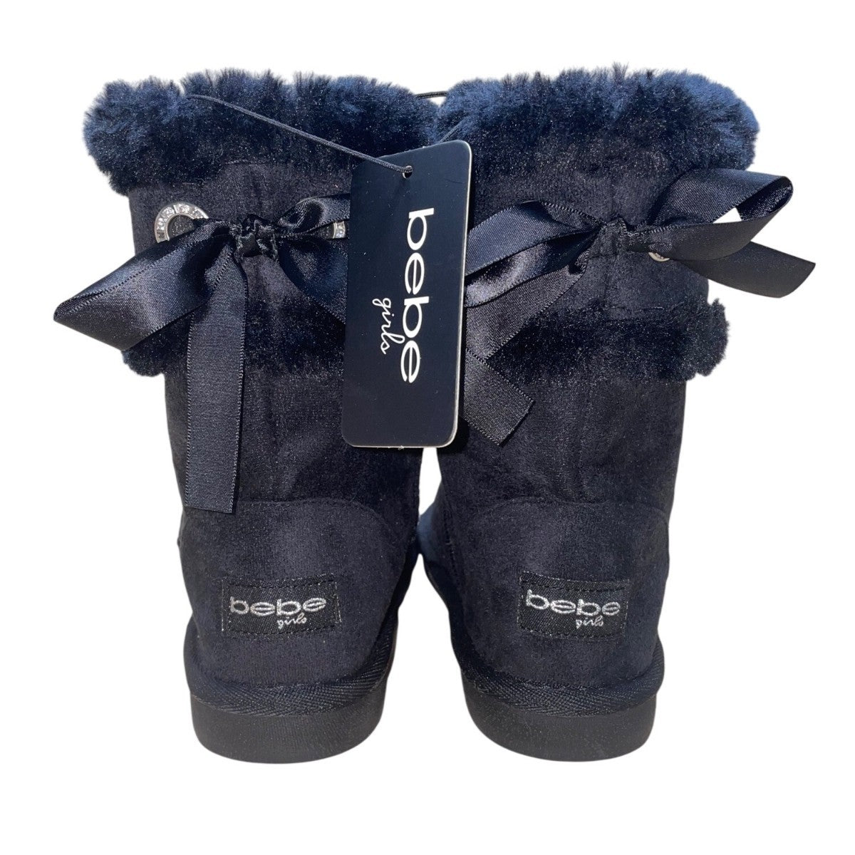 Bebe Girls Black Faux Suede Rhinestone Bow Winter Boots Size 13