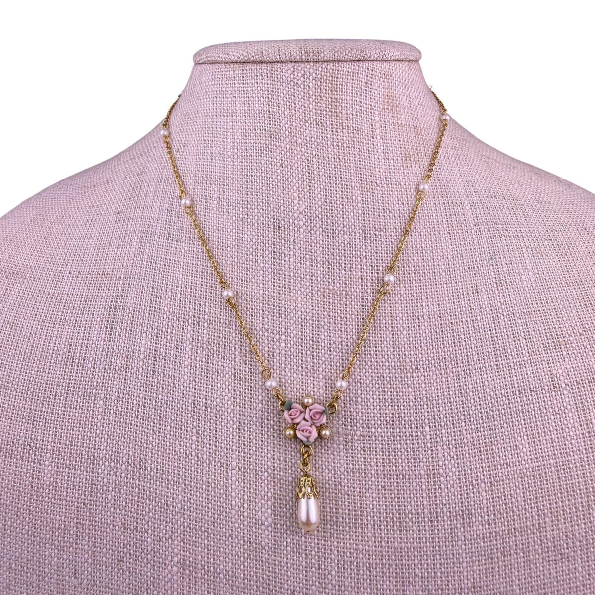 Gold Tone Womens Pink Synthetic Pearl Floral Necklace & Earring Set Lightweight