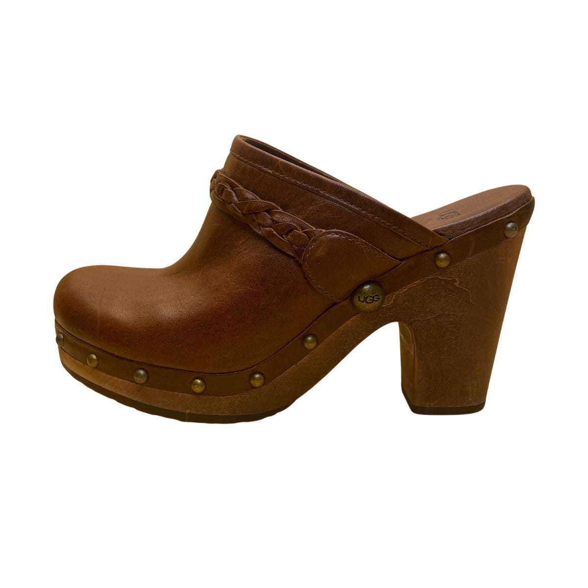 Ugg Women's Brown Leather  With Braided Strap High-Heel Studded Mules Size 8