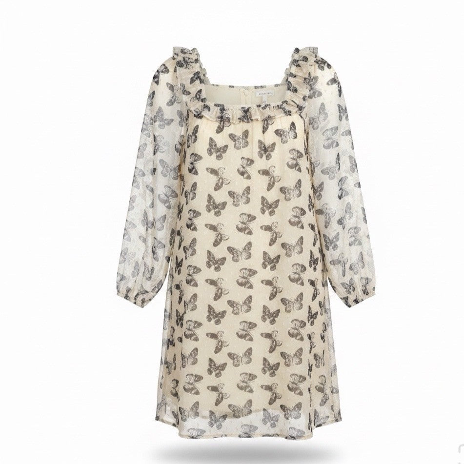 Hayden Girls Cream/Black Butterfly Dress Ruffle Detail Sz L