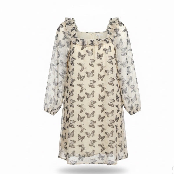 Hayden Girls Cream/Black Butterfly Dress Ruffle Detail Sz L