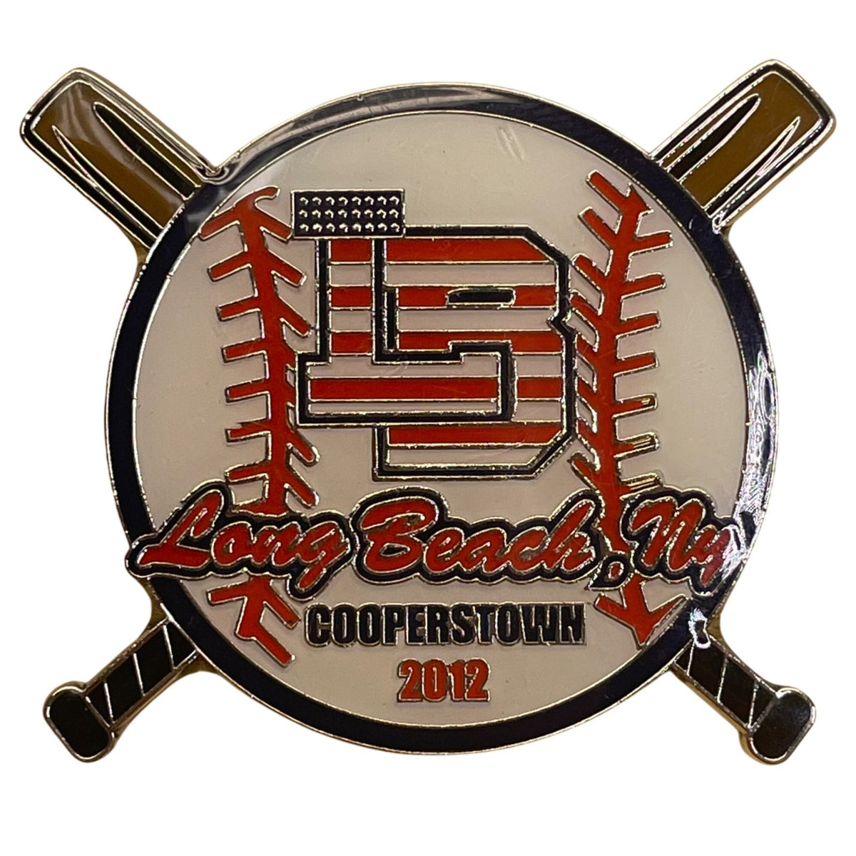 Long Beach NY Cooperstown 2012 Baseball Pin With Crossed Bats Design
