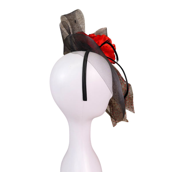 Black & Red Womens Mesh Fascinator Floral Detail & Polka Dot Netting Headband