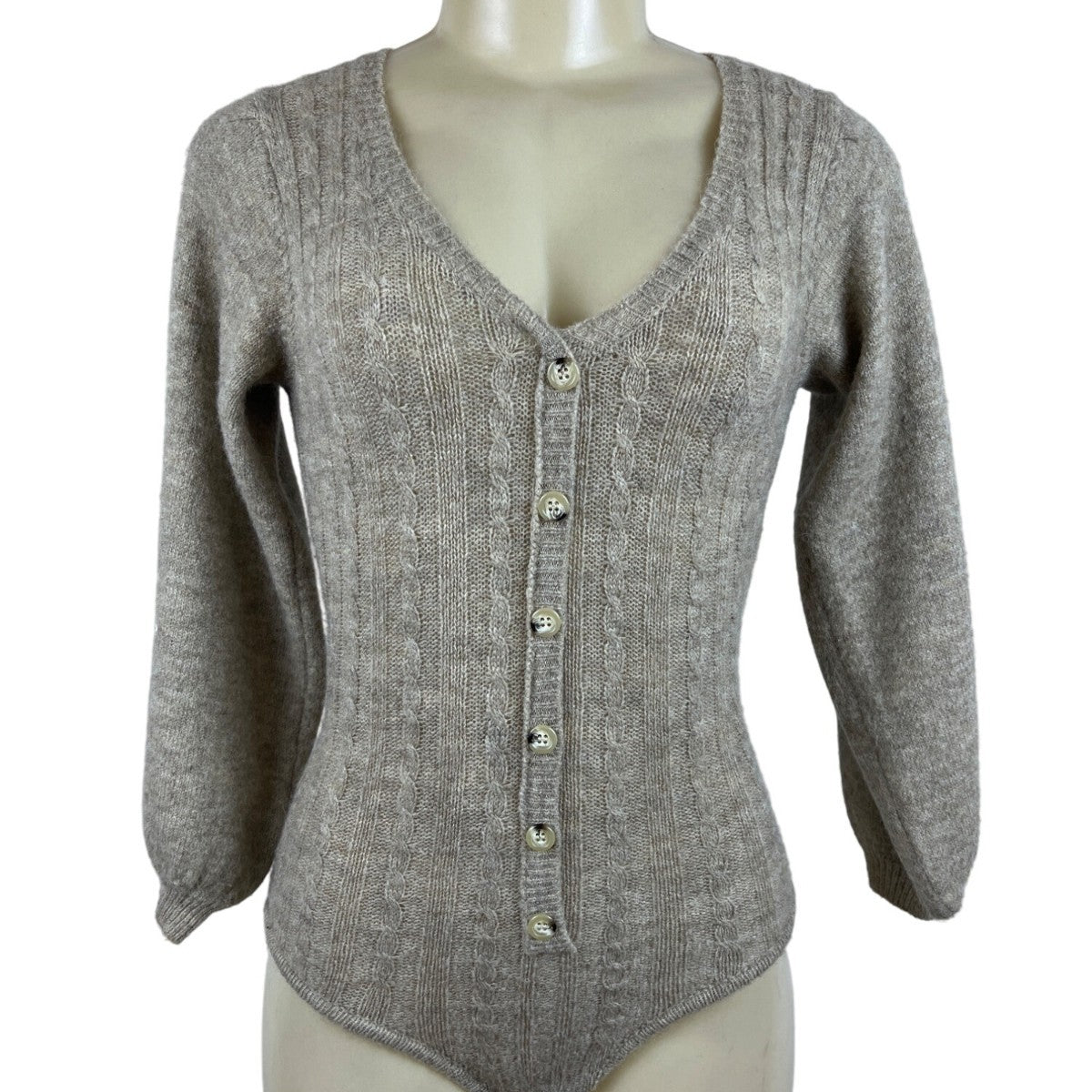 Tach Women’s Brown Cable Knit V-Neck Long Sleeve Bodysuit Sweater Sz S