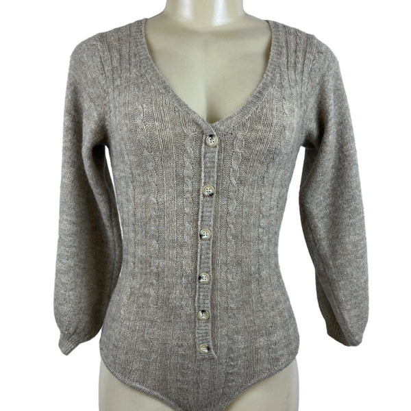 Tach Women’s Brown Cable Knit V-Neck Long Sleeve Bodysuit Sweater Sz S