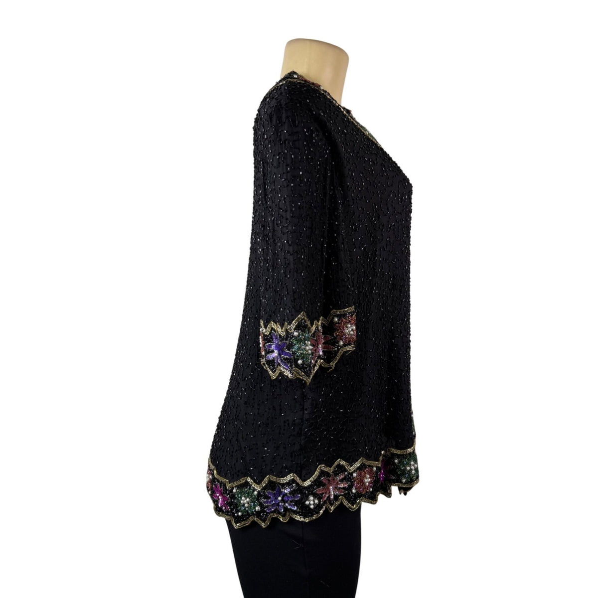 Lawrence Kazar Womens Black Beaded Silk  Jacket & Top Floral Embellished Sz 2X
