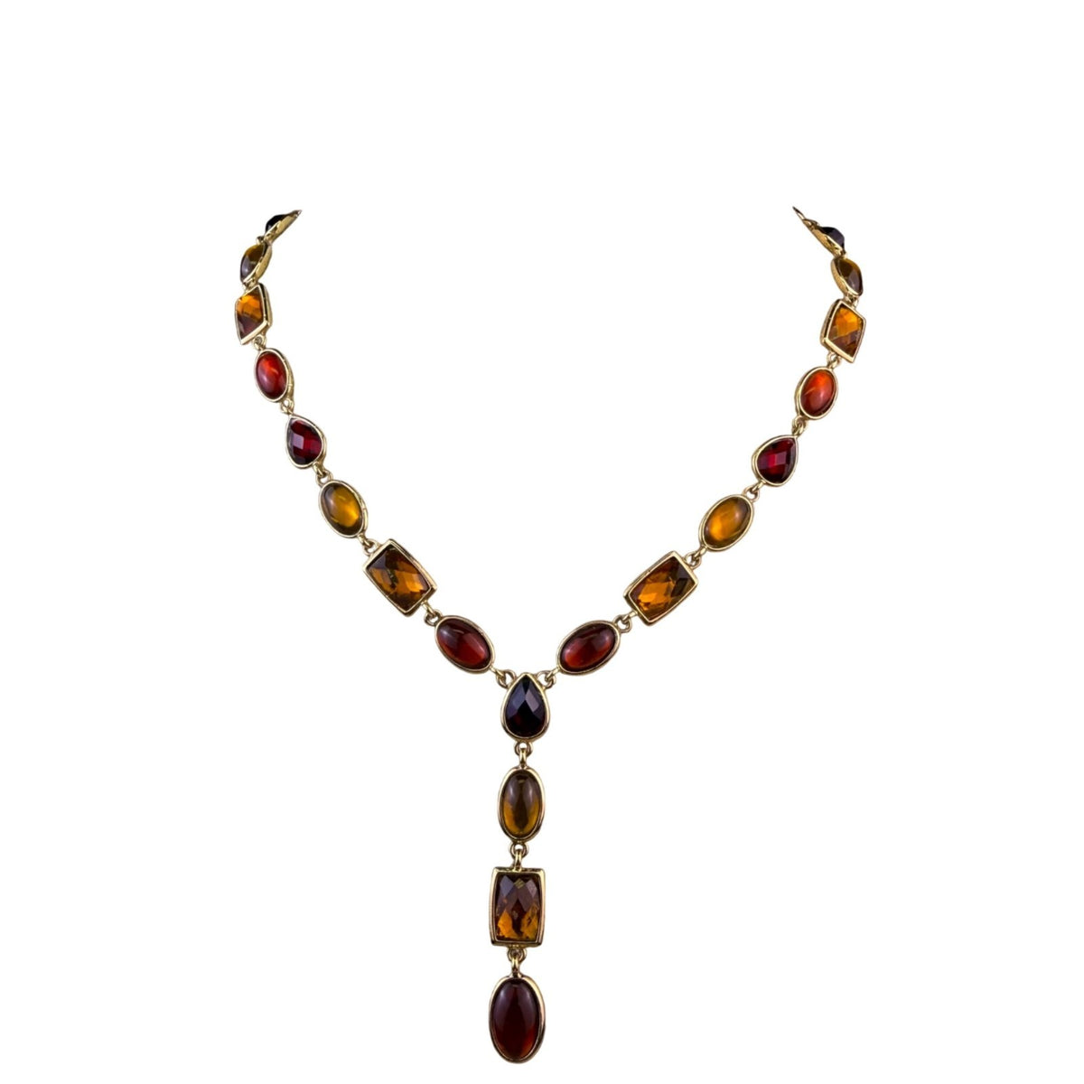 Vintage Statement Necklace Gold Tone Amber & Red Gemstones Bezel Set