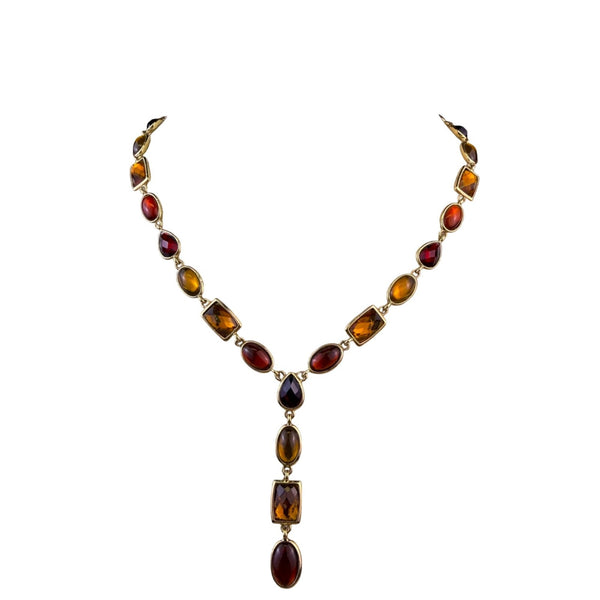 Vintage Statement Necklace Gold Tone Amber & Red Gemstones Bezel Set