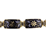 Gold Tone & Black Enamel Floral Bracelet Ladies Handcrafted Spain Safety Clasp