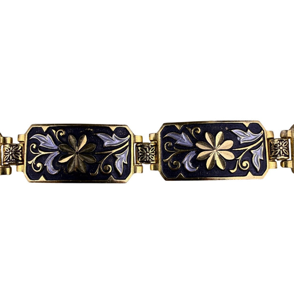 Gold Tone & Black Enamel Floral Bracelet Ladies Handcrafted Spain Safety Clasp
