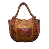 Handcrafted Women’s Brown Leather With Red Floral Details Peacock-Print Tote Bag