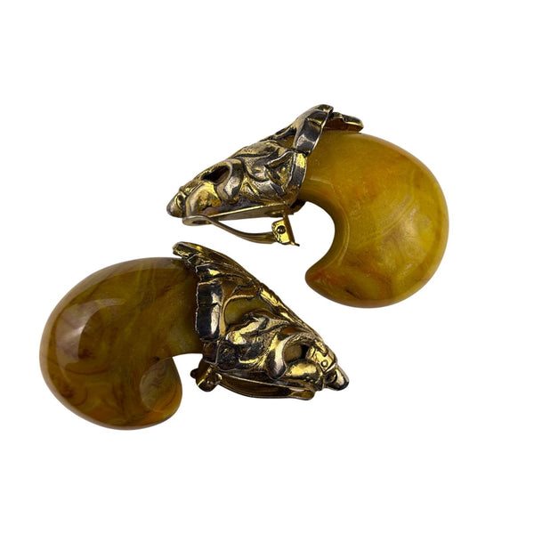 Vintage Clip-On Earrings Gold Tone & Amber Resin Deco Motif Swirl Design