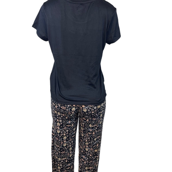 Muk Luks 3-Piece Black Open Cardigan T-Shirt & Floral Pant Lounge Set Sz S - New