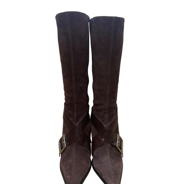 Guess Women’s Burgundy Suede Buckle Strap Stiletto Knee-High Goldie Boots Sz 6M
