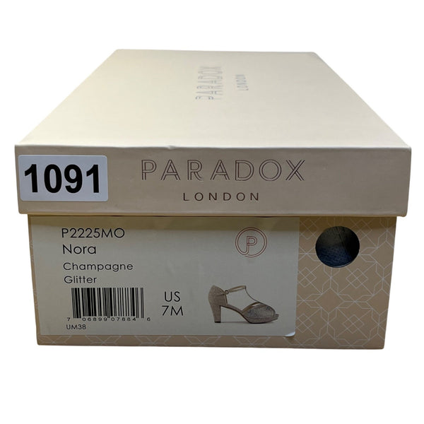 Paradox London Women’s Champagne Glitter T-Bar Nora Open Toe Heels Size 7M
