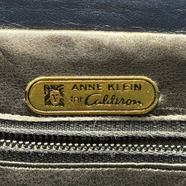 Anne Klein Women’s Dark Blue Leather Soft Woven Detail Logo Tag Shoulder Bag