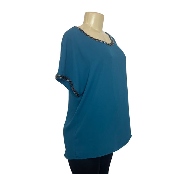 Pleione Women's Blue Blouse Shirt With Bead Accents Sz L- NWT