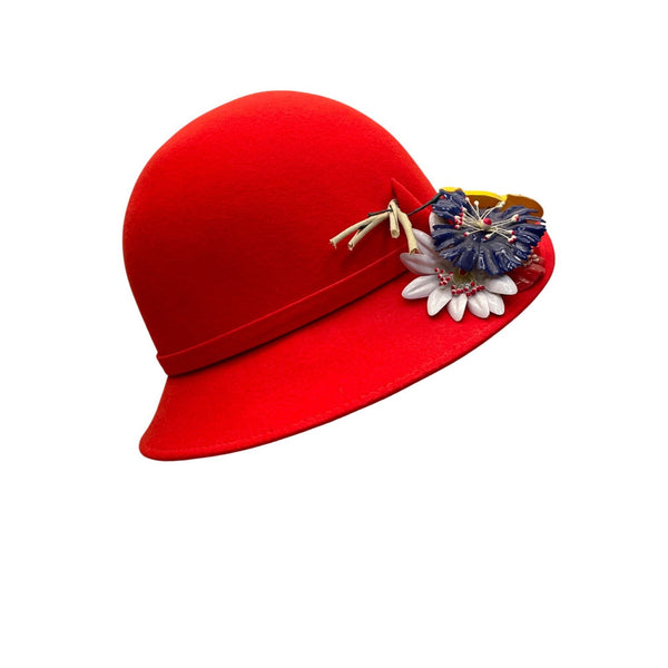 Vintage Geo. W. Bollman Womens Red Wool Felt Bowler Hat Floral Side Accent 100%