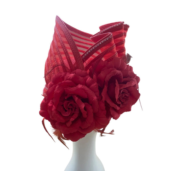 Elegant Red Sinamay Womens Hat With Floral Accents & Decorative Mesh Detailing