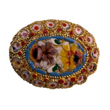 Italian Micro Mosaic Gold Tone Floral Oval Brooch Elegant Vintage Design