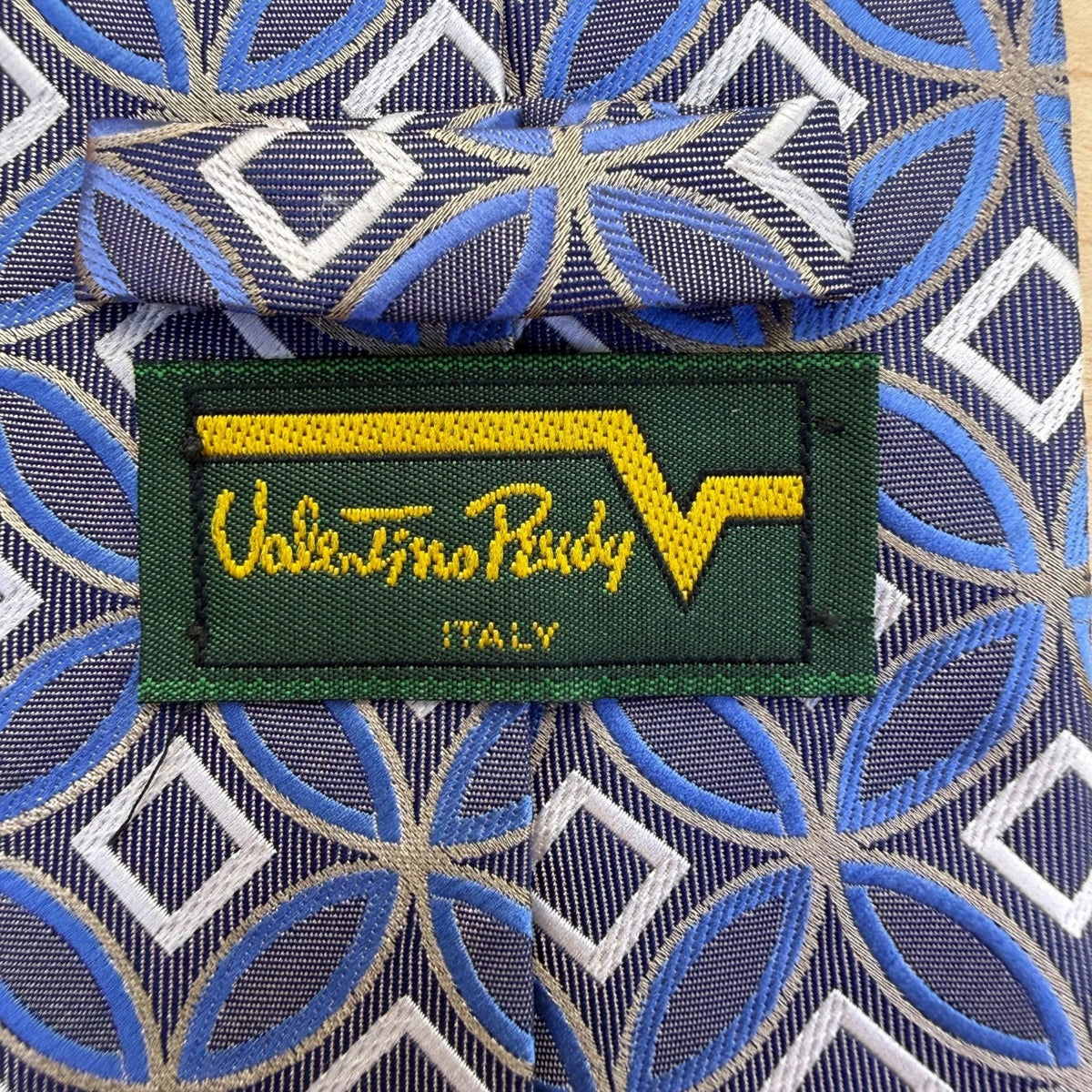 Valentino Rudy Mens Blue Microfiber Geometric Pattern Necktie Handcrafted Italy