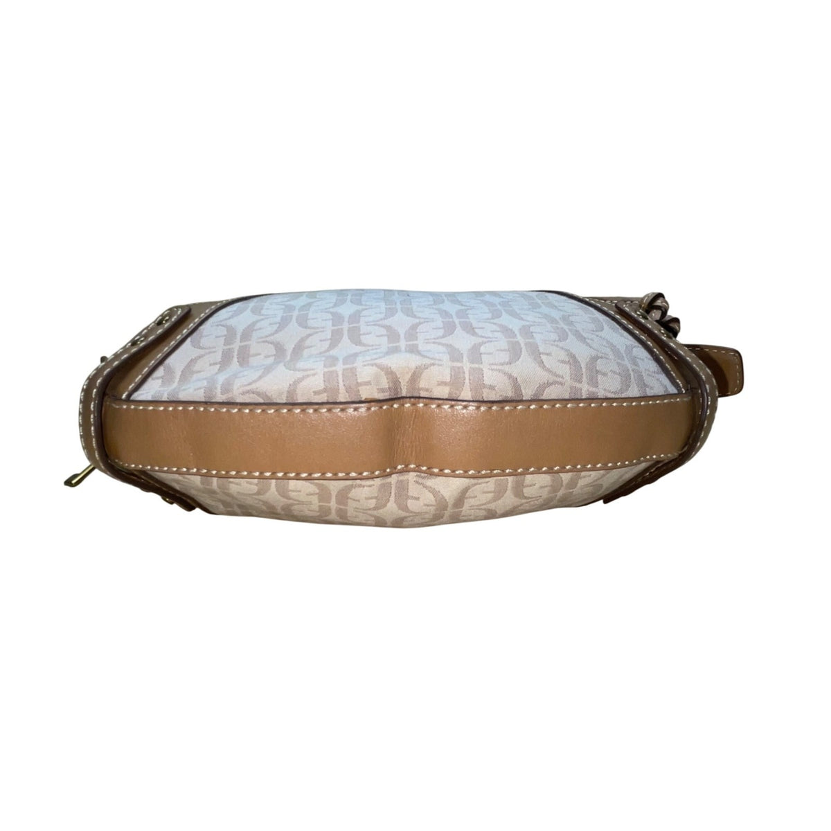 Fossil Women’s Beige Logo Pattern & Brown Leather Trim Adjustable Strap Hobo Bag