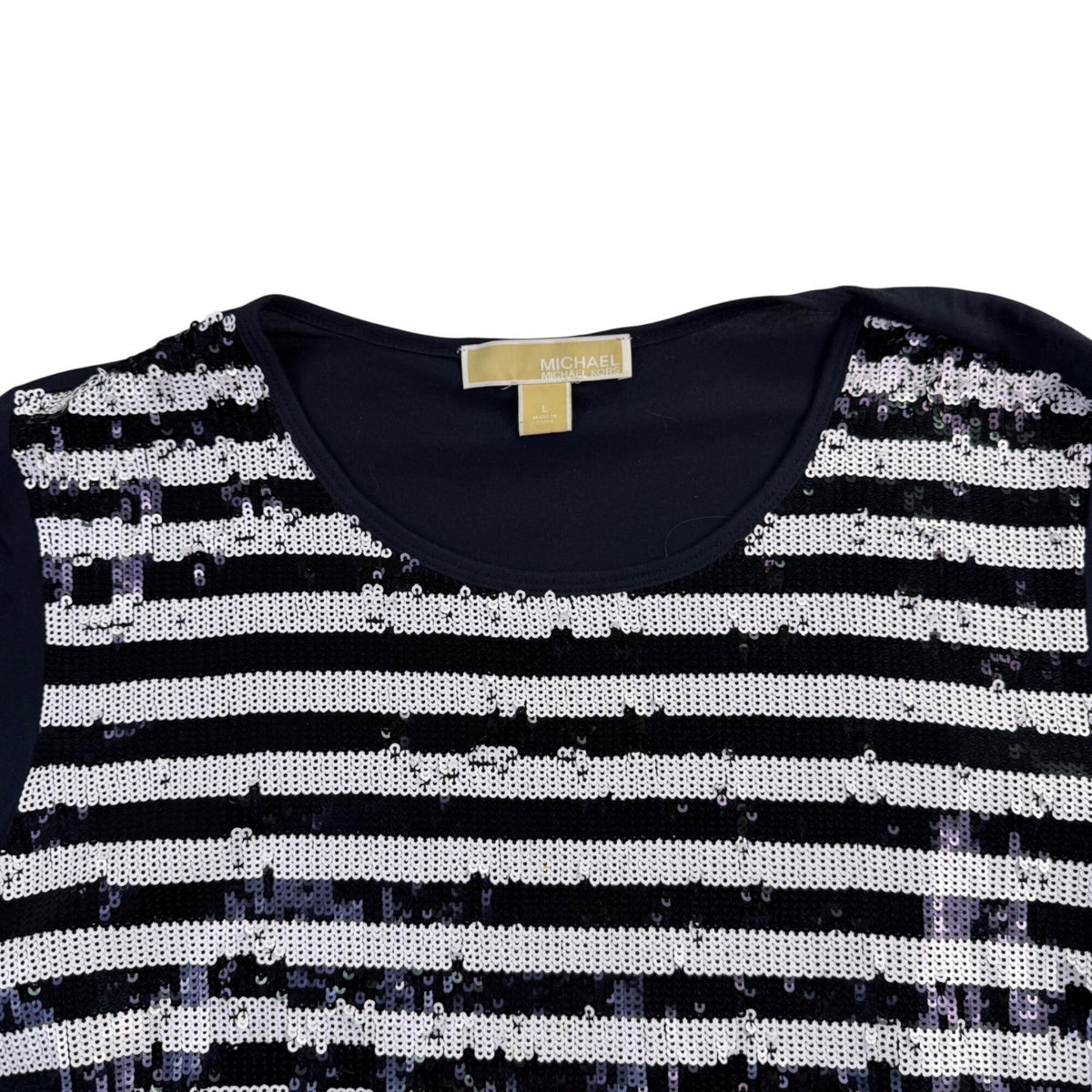 Michael Kors Womens Navy Sequin Striped Cotton & Modal Long Sleeve Top Size L