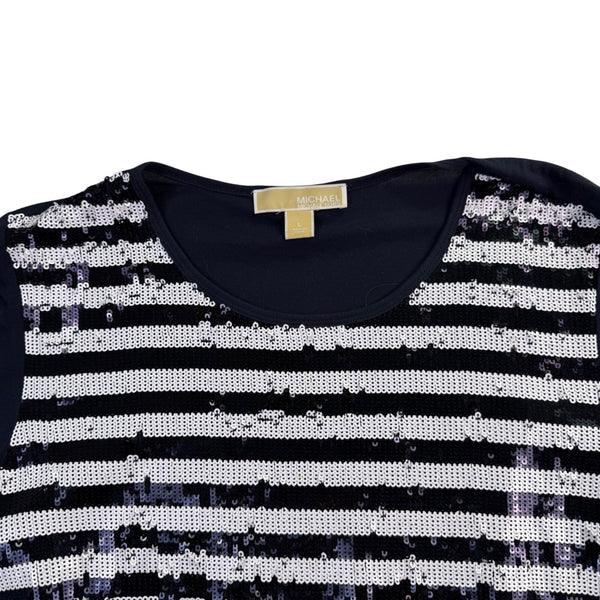 Michael Kors Womens Navy Sequin Striped Cotton & Modal Long Sleeve Top Size L