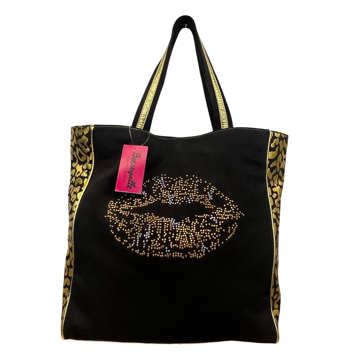 Betseyville Women’s Black Canvas & Gold-Toned Blingin Lips Rhinestone Tote Bag