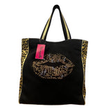 Betseyville Women’s Black Canvas & Gold-Toned Blingin Lips Rhinestone Tote Bag