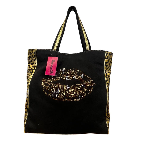 Betseyville Women’s Black Canvas & Gold-Toned Blingin Lips Rhinestone Tote Bag