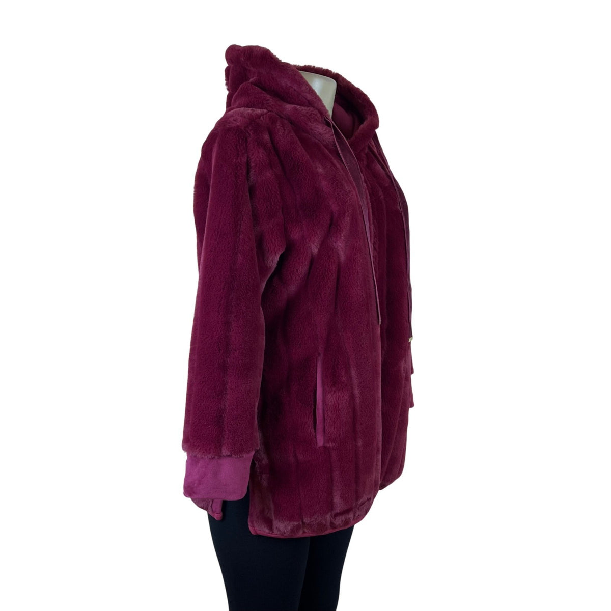 Soft Surroundings Women's Burgundy Faux Fur Hooded Jacket Full-Zip Pockets Sz SP