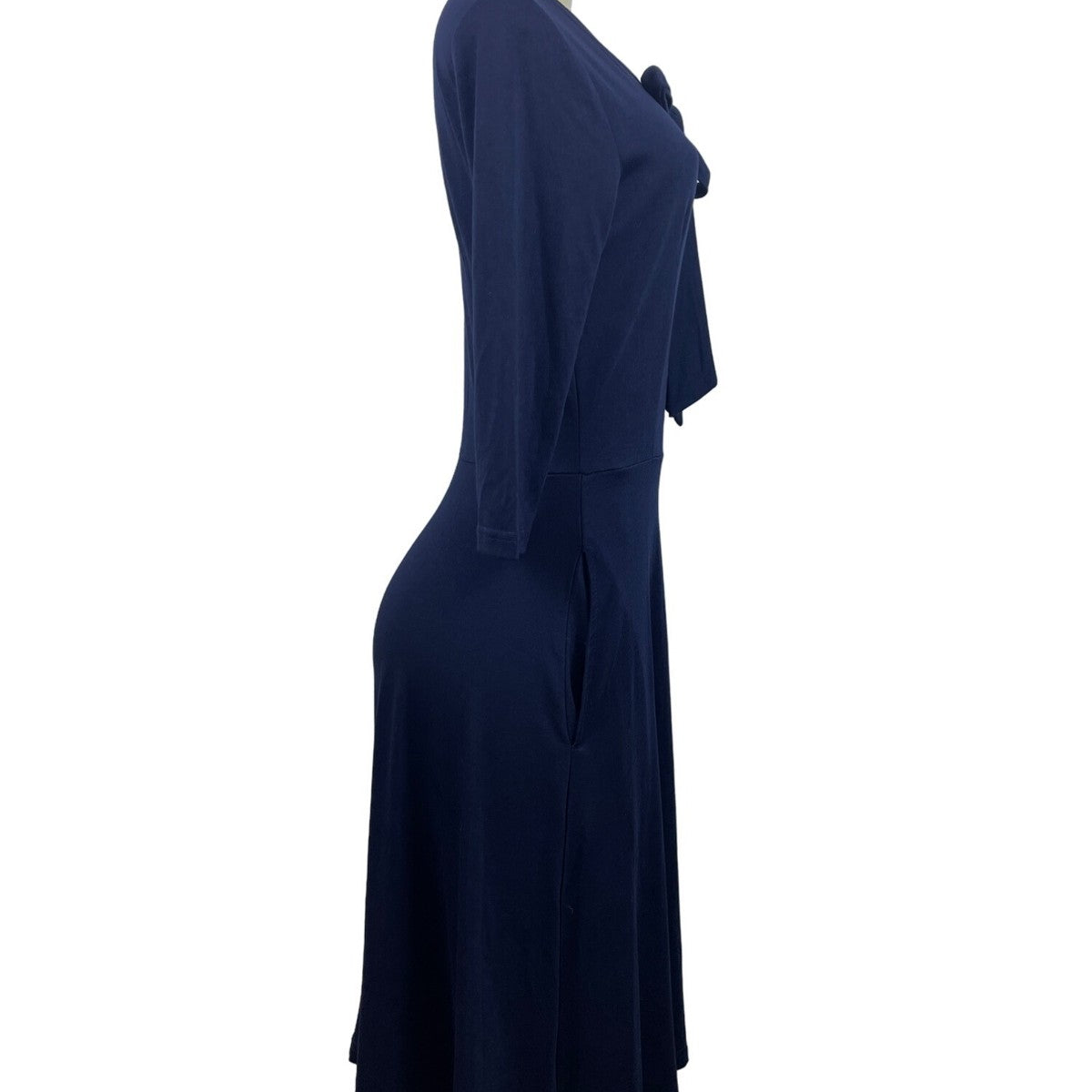 Navy Blue Womens Knit Dress With Bow Front & Pockets Soft Comfortable Medium Siz