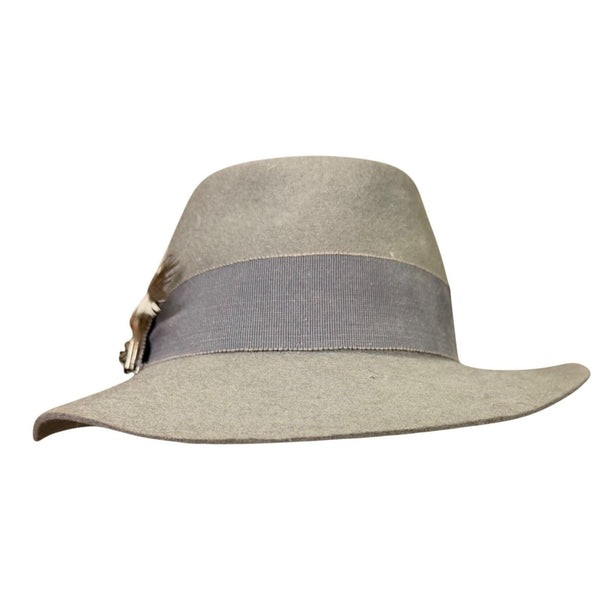 Vintage Gray Wool Felt Feather Mens Fedora Hat With Grosgrain Ribbon Band 7 1/4