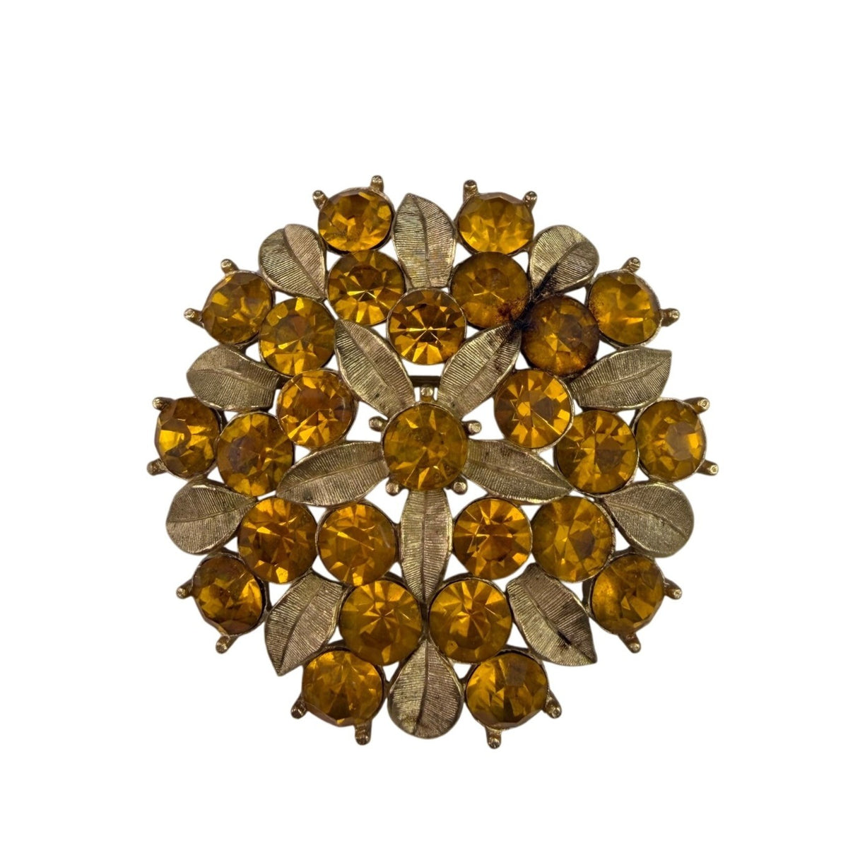 Sarah Coventry Gold Tone Womens Brooch Amber Rhinestones Floral Vintage